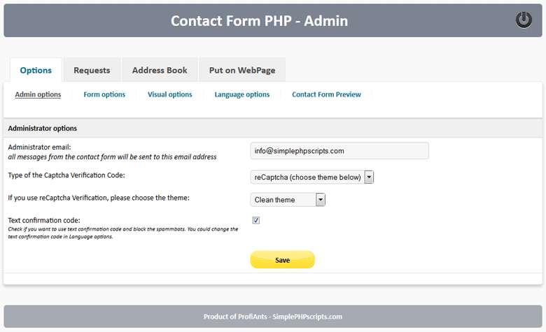 Contact Form PHP - admin options
