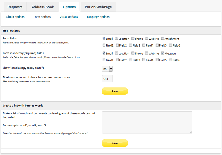 Contact Form PHP - form options