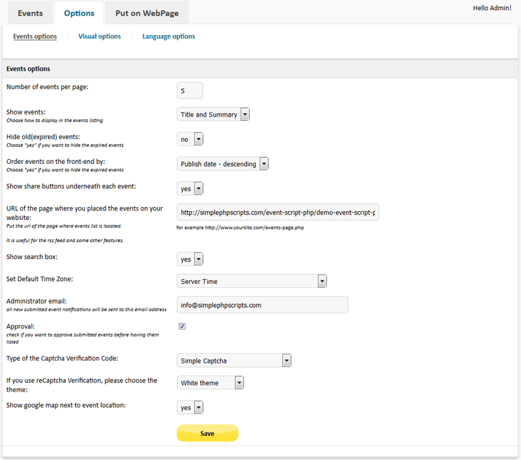 Event Script PHP - Events Options
