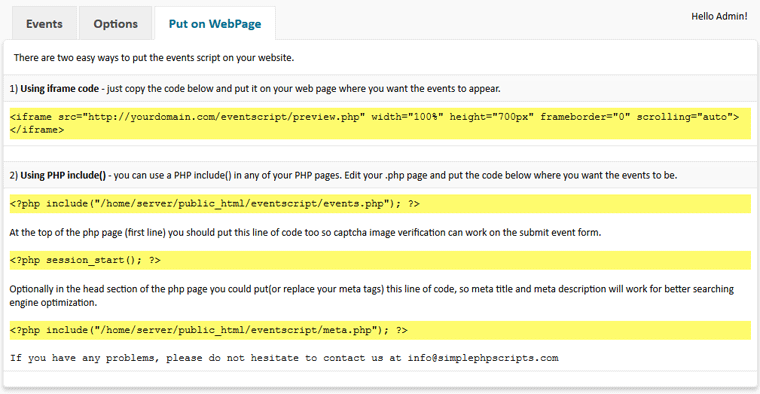 Event Script PHP - Admin - Put on WebPage