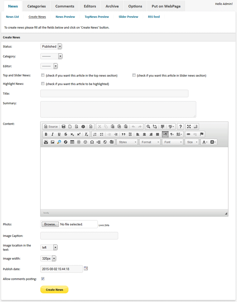 News Script PHP Pro - admin create news