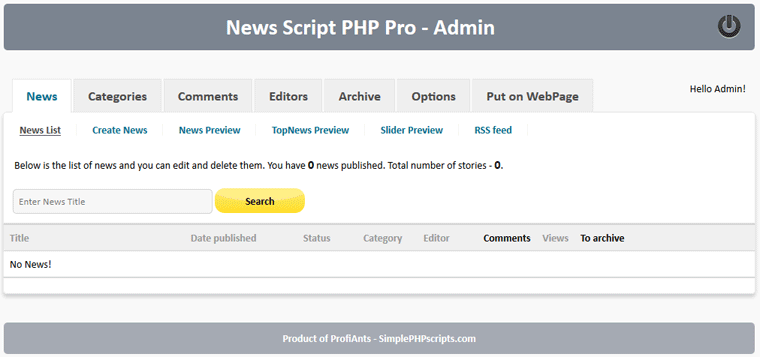 News Script PHP Pro - admin news list(empty)