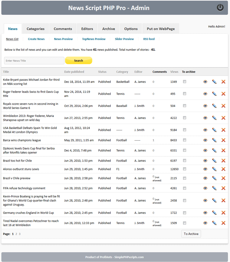 News Script PHP Pro - news list in admin area