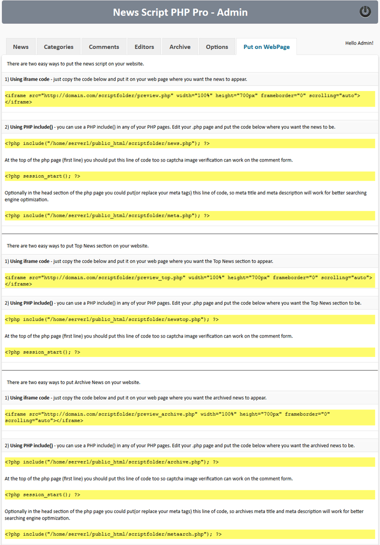News Script PHP Pro - Put the script on your webpage