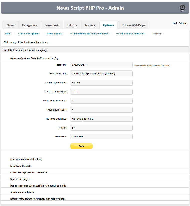 News Script PHP Pro - Language options