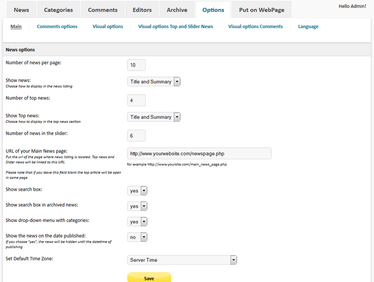 News Script PHP Pro - main news options in admin area
