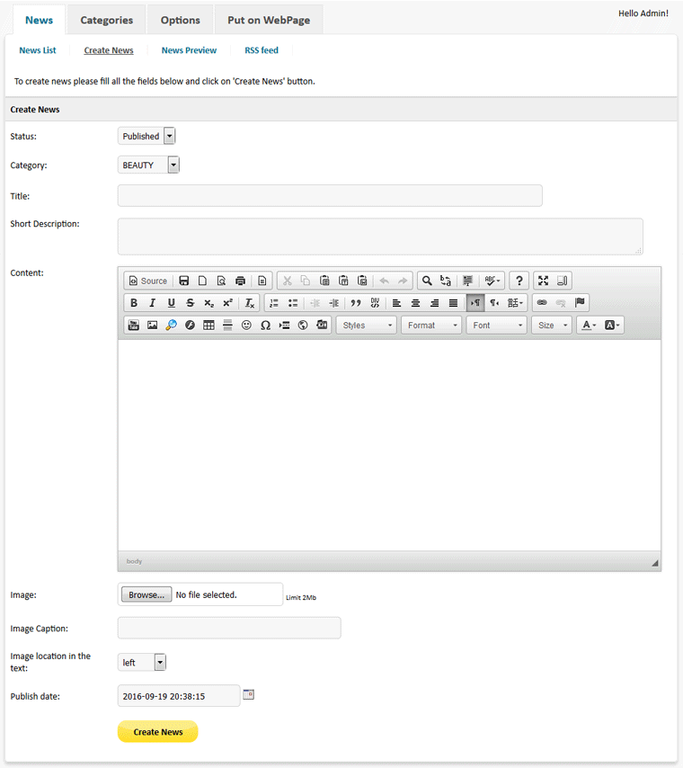 Newspaper Script PHP - admin create news