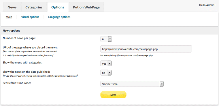 Newspaper Script PHP - admin Main options