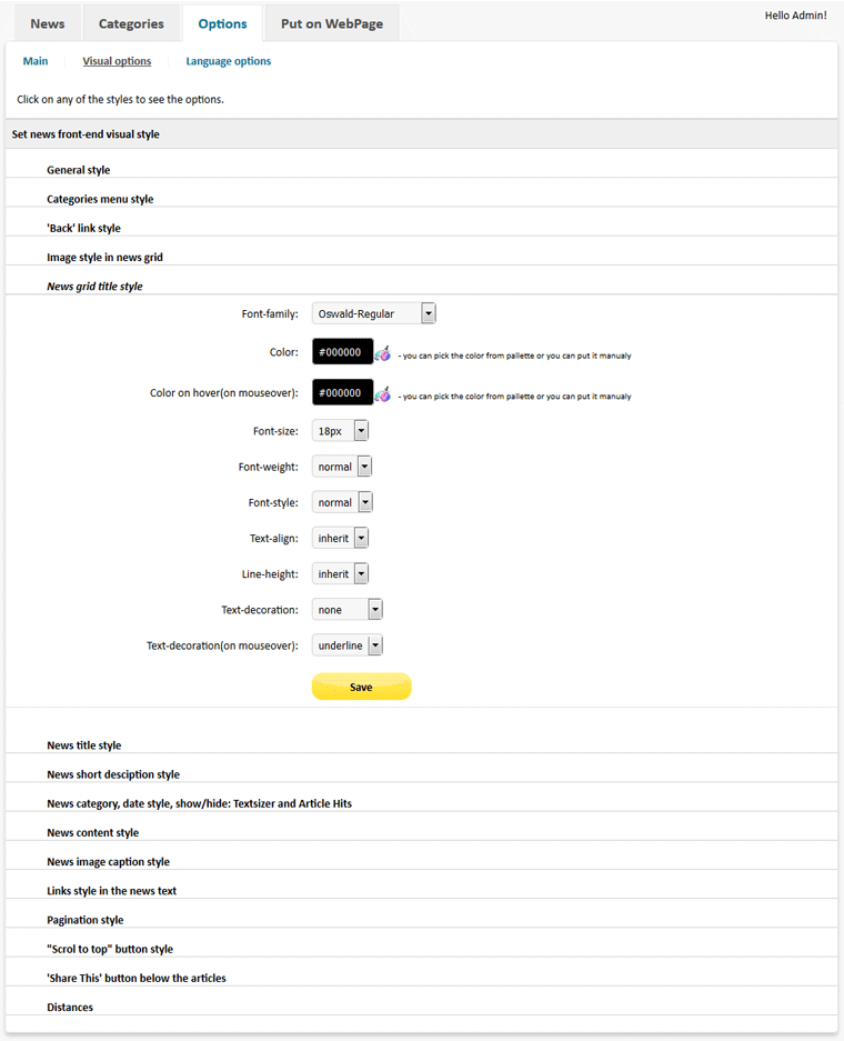 Newspaper Script PHP - admin Visual options