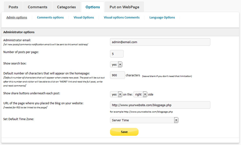 Simple Blog PHP admin options