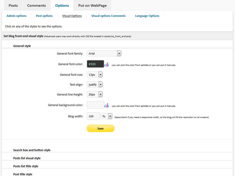Simple Blog PHP admin visual options