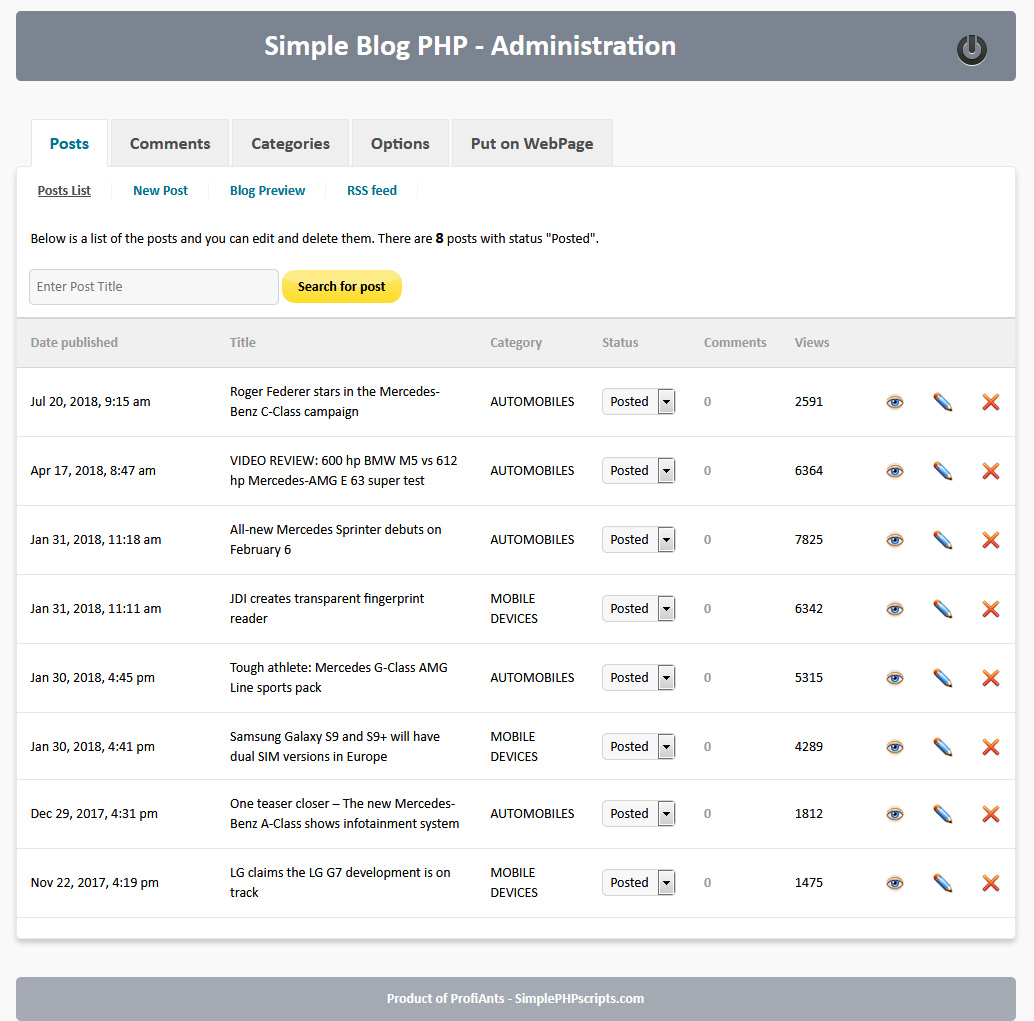 Simple Blog PHP - admin area posts list