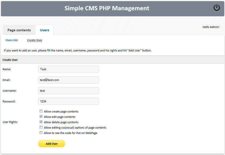 Simple CMS PHP - admin create user