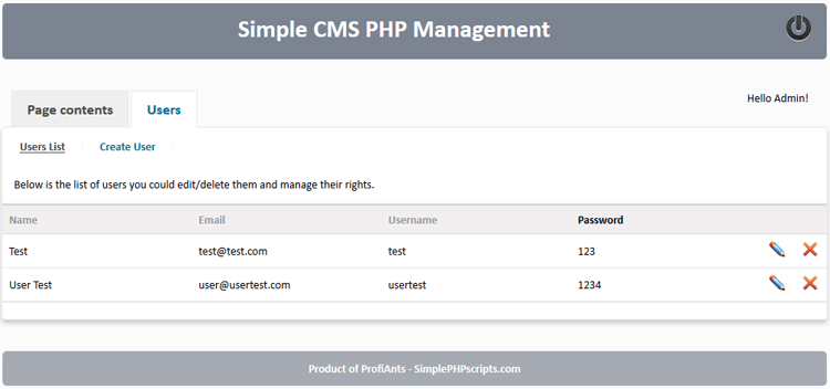 Simple CMS PHP - users list
