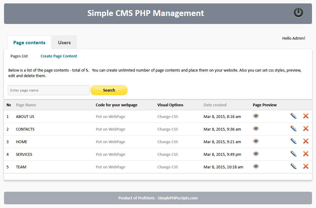Simple CMS PHP - admin landing page