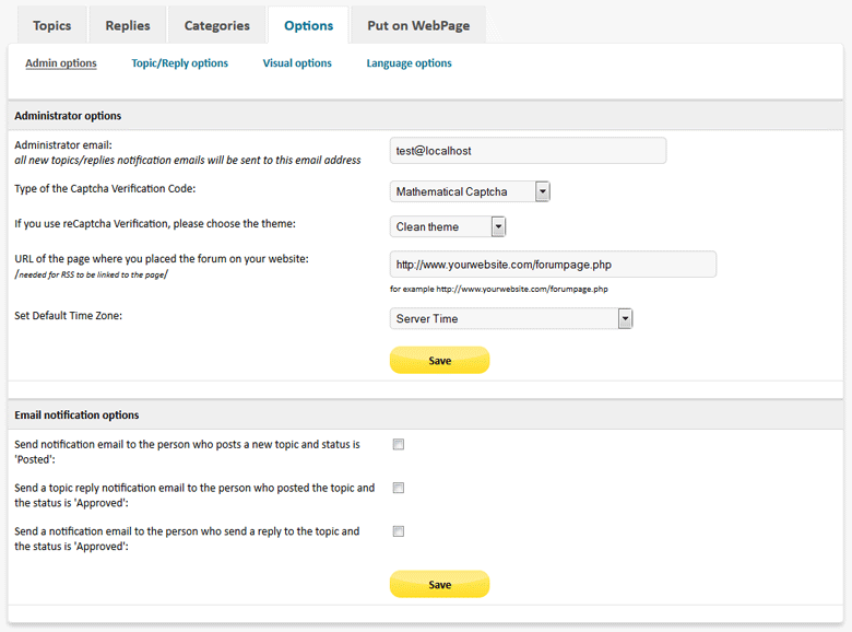 Simple Forum PHP script - Admin Options