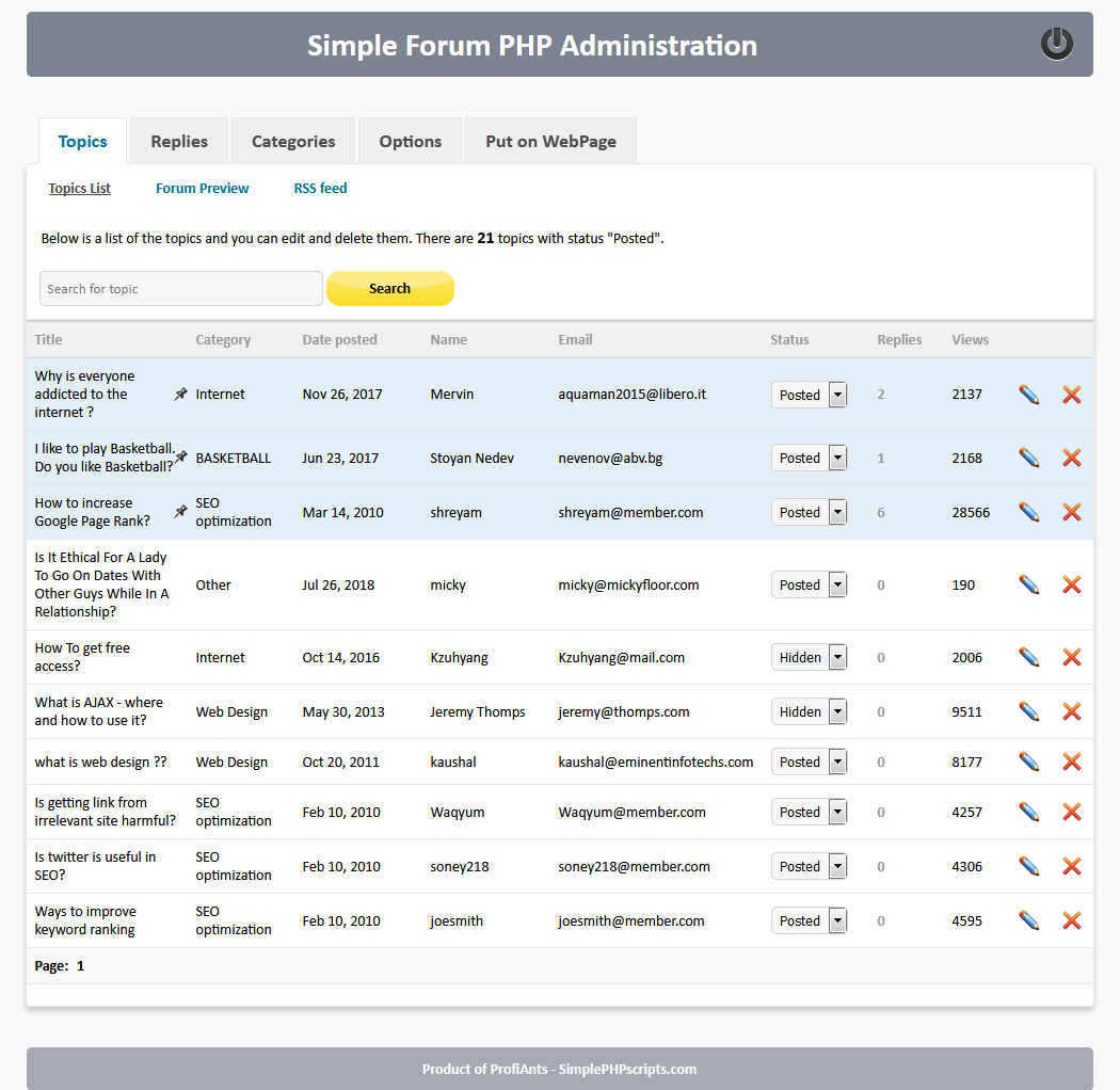 Simple forum PHP script - admin landing page